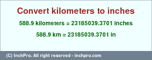 Result converting 588.9 kilometers to inches = 23185039.3701 inches
