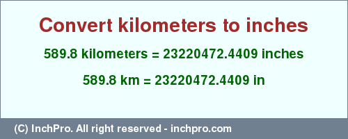 Result converting 589.8 kilometers to inches = 23220472.4409 inches
