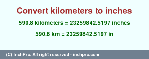 Result converting 590.8 kilometers to inches = 23259842.5197 inches