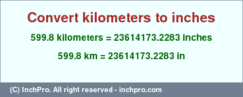Result converting 599.8 kilometers to inches = 23614173.2283 inches
