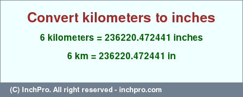 Result converting 6 kilometers to inches = 236220.472441 inches