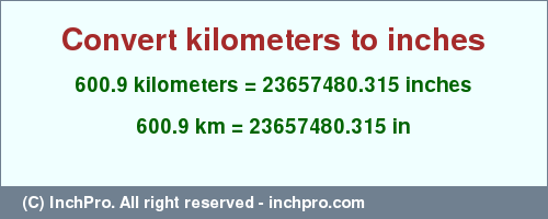 Result converting 600.9 kilometers to inches = 23657480.315 inches