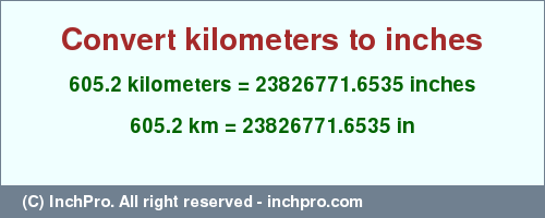 Result converting 605.2 kilometers to inches = 23826771.6535 inches