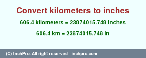 Result converting 606.4 kilometers to inches = 23874015.748 inches