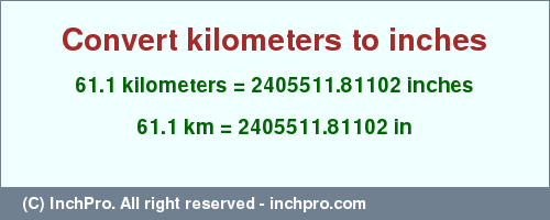 Result converting 61.1 kilometers to inches = 2405511.81102 inches
