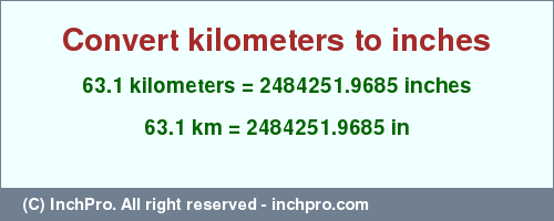 Result converting 63.1 kilometers to inches = 2484251.9685 inches