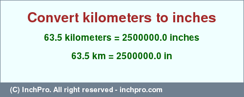 Result converting 63.5 kilometers to inches = 2500000.0 inches