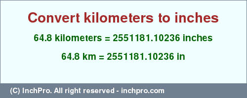 Result converting 64.8 kilometers to inches = 2551181.10236 inches
