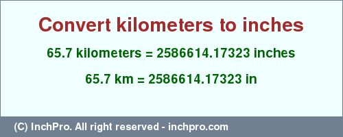 Result converting 65.7 kilometers to inches = 2586614.17323 inches