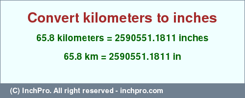 Result converting 65.8 kilometers to inches = 2590551.1811 inches