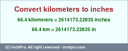 Result converting 66.4 kilometers to inches = 2614173.22835 inches