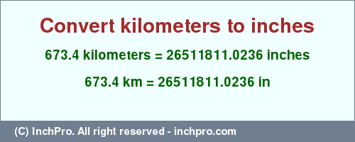 Result converting 673.4 kilometers to inches = 26511811.0236 inches