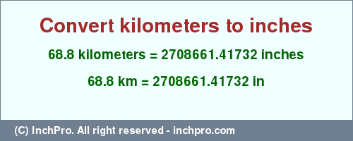 Result converting 68.8 kilometers to inches = 2708661.41732 inches