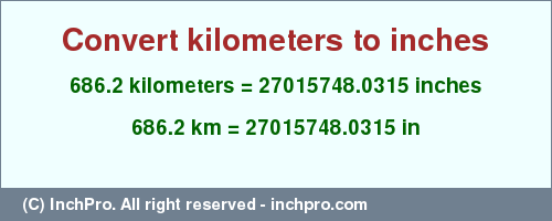 Result converting 686.2 kilometers to inches = 27015748.0315 inches
