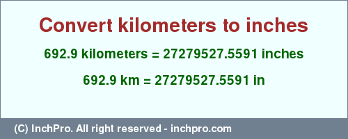 Result converting 692.9 kilometers to inches = 27279527.5591 inches