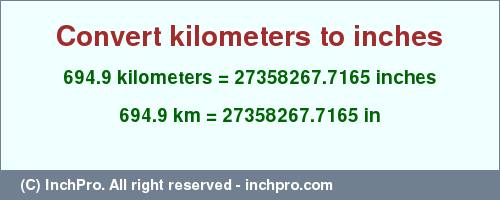 Result converting 694.9 kilometers to inches = 27358267.7165 inches