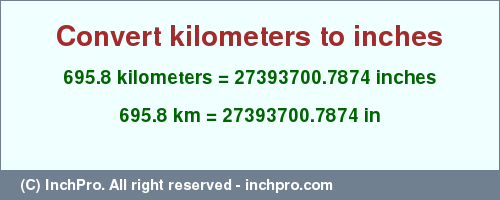 Result converting 695.8 kilometers to inches = 27393700.7874 inches