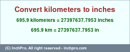 Result converting 695.9 kilometers to inches = 27397637.7953 inches