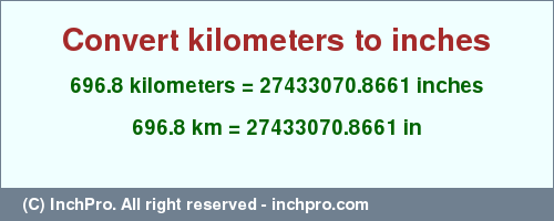 Result converting 696.8 kilometers to inches = 27433070.8661 inches