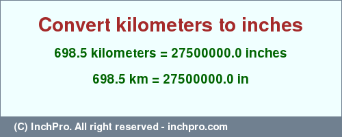 Result converting 698.5 kilometers to inches = 27500000.0 inches