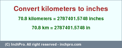 Result converting 70.8 kilometers to inches = 2787401.5748 inches