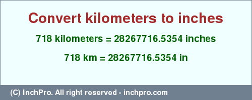 Result converting 718 kilometers to inches = 28267716.5354 inches