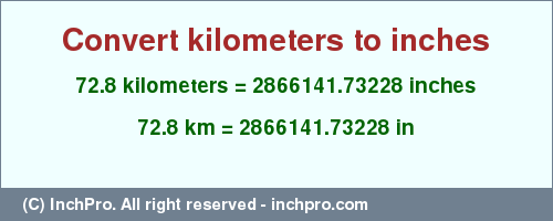 Result converting 72.8 kilometers to inches = 2866141.73228 inches