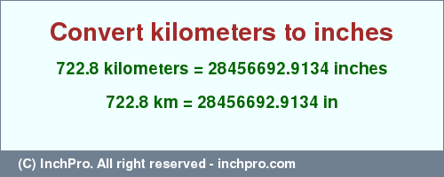 Result converting 722.8 kilometers to inches = 28456692.9134 inches