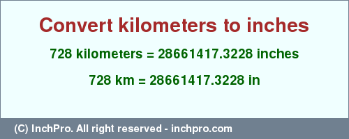 Result converting 728 kilometers to inches = 28661417.3228 inches