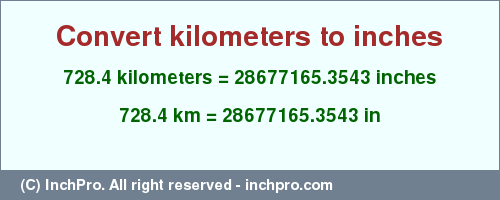 Result converting 728.4 kilometers to inches = 28677165.3543 inches