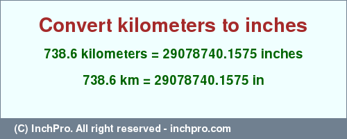Result converting 738.6 kilometers to inches = 29078740.1575 inches