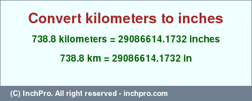 Result converting 738.8 kilometers to inches = 29086614.1732 inches