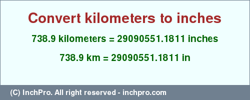 Result converting 738.9 kilometers to inches = 29090551.1811 inches
