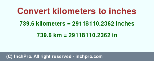 Result converting 739.6 kilometers to inches = 29118110.2362 inches