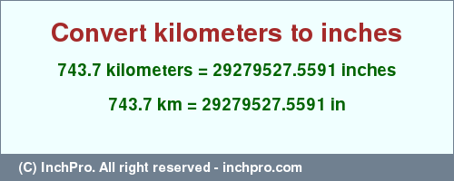 Result converting 743.7 kilometers to inches = 29279527.5591 inches