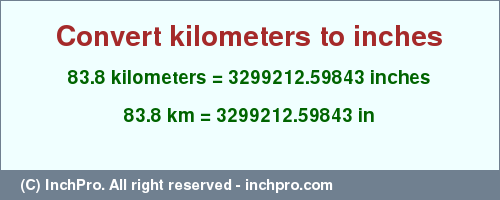 Result converting 83.8 kilometers to inches = 3299212.59843 inches