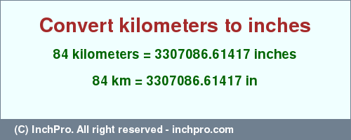 Result converting 84 kilometers to inches = 3307086.61417 inches