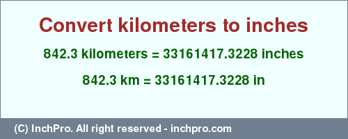 Result converting 842.3 kilometers to inches = 33161417.3228 inches
