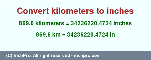 Result converting 869.6 kilometers to inches = 34236220.4724 inches