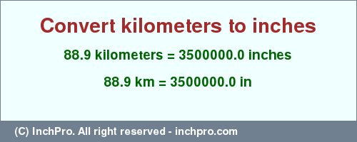 Result converting 88.9 kilometers to inches = 3500000.0 inches