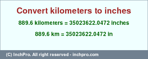 Result converting 889.6 kilometers to inches = 35023622.0472 inches