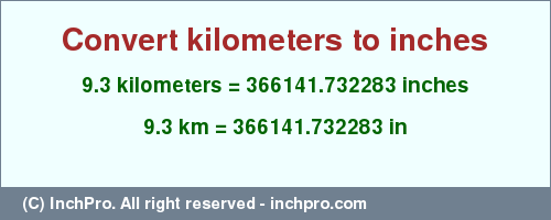 Result converting 9.3 kilometers to inches = 366141.732283 inches