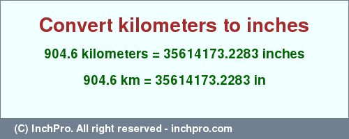 Result converting 904.6 kilometers to inches = 35614173.2283 inches