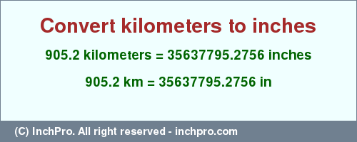 Result converting 905.2 kilometers to inches = 35637795.2756 inches