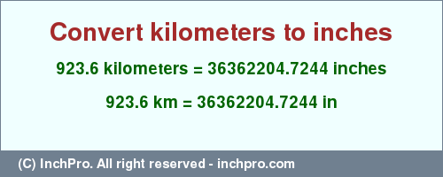 Result converting 923.6 kilometers to inches = 36362204.7244 inches