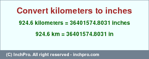 Result converting 924.6 kilometers to inches = 36401574.8031 inches