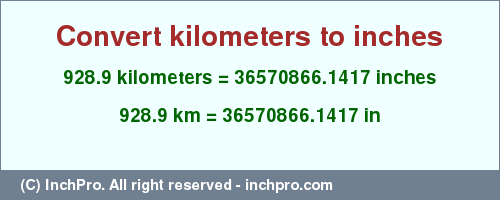 Result converting 928.9 kilometers to inches = 36570866.1417 inches