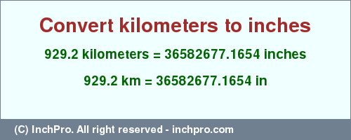 Result converting 929.2 kilometers to inches = 36582677.1654 inches