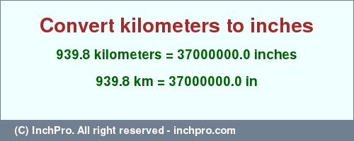 Result converting 939.8 kilometers to inches = 37000000.0 inches