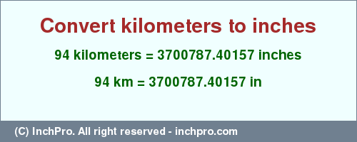 Result converting 94 kilometers to inches = 3700787.40157 inches
